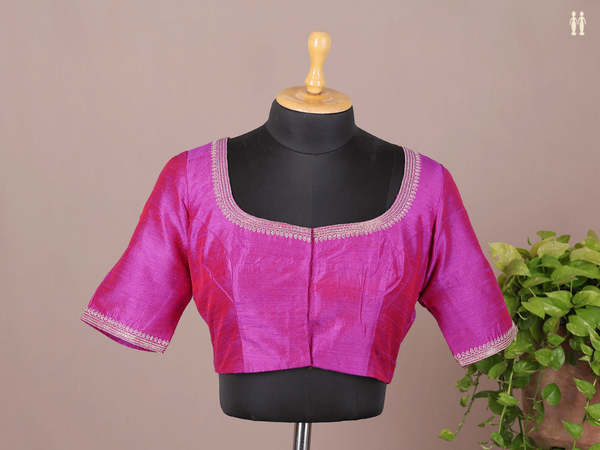 Boat Neck Plain Purple Rose Raw Silk Readymade Blouse