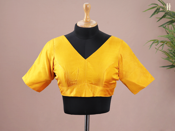 V-Neck Plain Saffron Yellow Silk Readymade Blouse