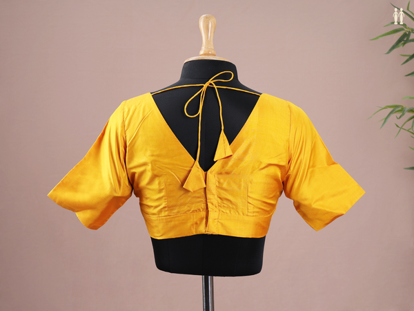 V-Neck Plain Saffron Yellow Silk Readymade Blouse
