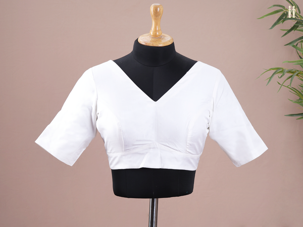 V-Neck Plain White Silk Readymade Blouse