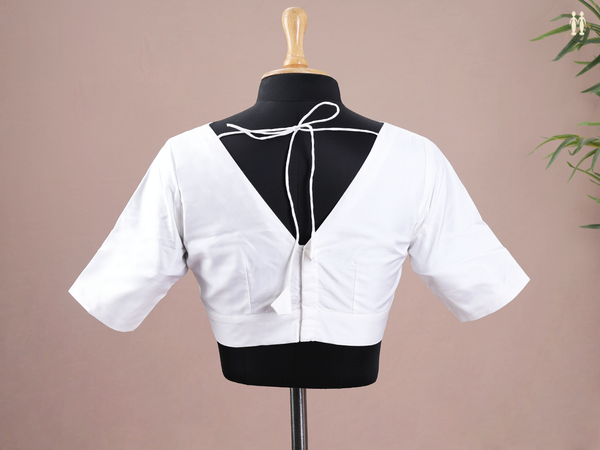 V-Neck Plain White Silk Readymade Blouse