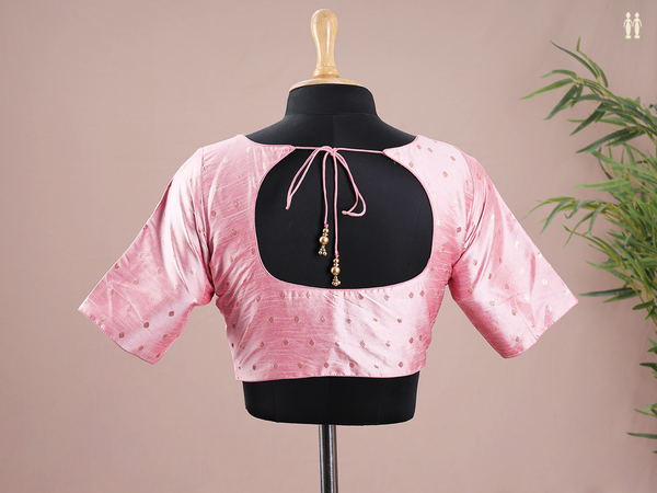 Round Neck Zari Buttas Pink Raw Silk Readymade Blouse