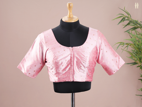 Round Neck Zari Buttas Pink Raw Silk Readymade Blouse