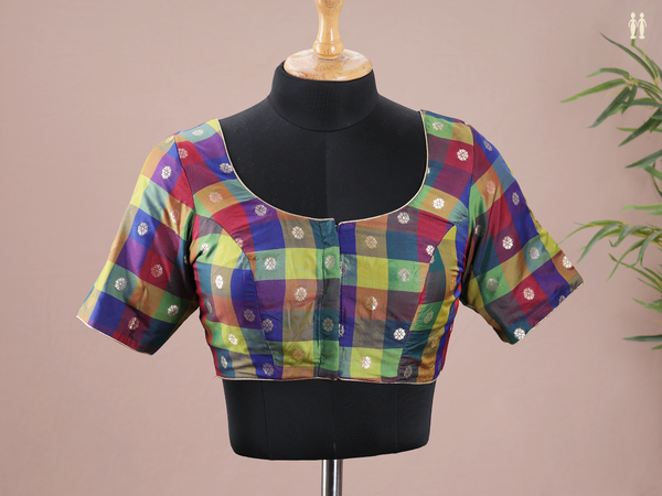 Round Neck Checks Design Multicolor Semi Silk Readymade Blouse