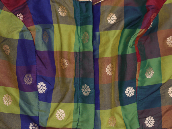 Round Neck Checks Design Multicolor Semi Silk Readymade Blouse