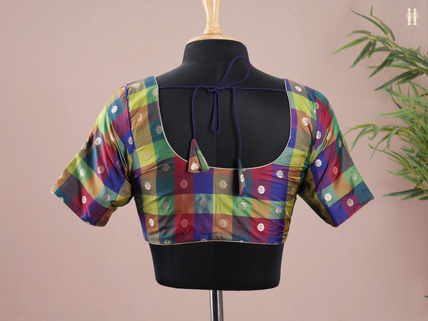 Round Neck Checks Design Multicolor Semi Silk Readymade Blouse