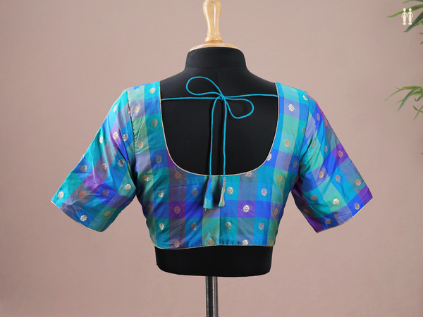 Round Neck Checks Design Multicolor Semi Silk Readymade Blouse