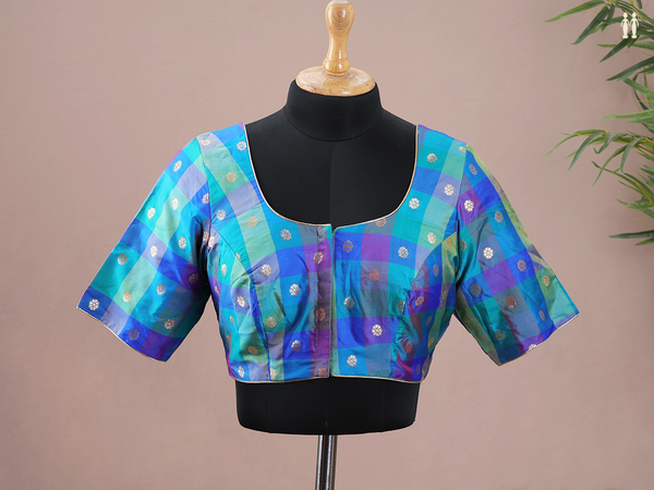 Round Neck Checks Design Multicolor Semi Silk Readymade Blouse