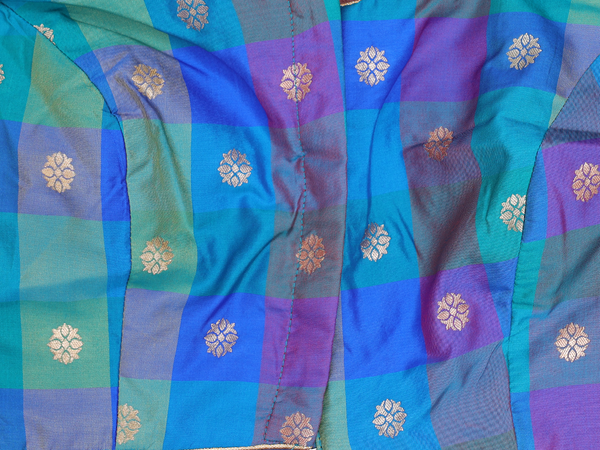 Round Neck Checks Design Multicolor Semi Silk Readymade Blouse