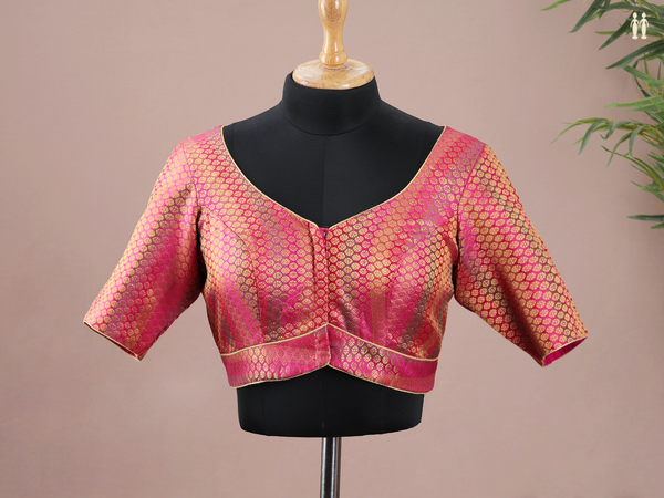 Round Neck Brocade Pink Banarasi Silk Readymade Blouse