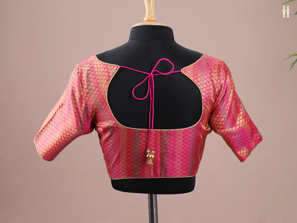 Round Neck Brocade Pink Banarasi Silk Readymade Blouse