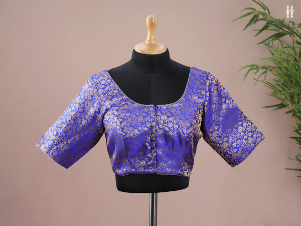 Square Neck Floral Royal Blue Banarasi Silk Readymade Blouse