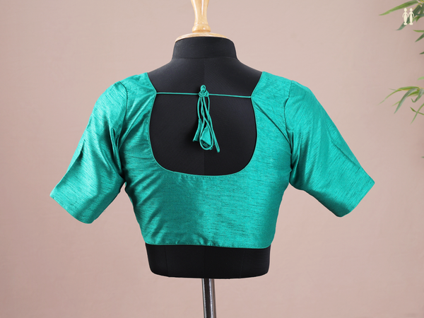 Round Neck Plain Green Raw Silk Readymade Blouse