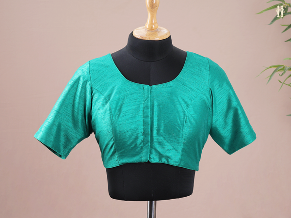 Round Neck Plain Green Raw Silk Readymade Blouse