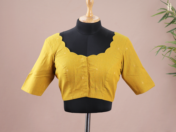 Scallop Neck Design Yellow Cotton Readymade Blouse