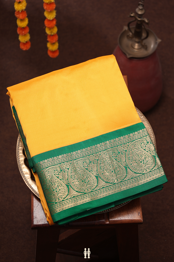 Nine Yards Silk Saree In Plain Yellow With Contrast Border