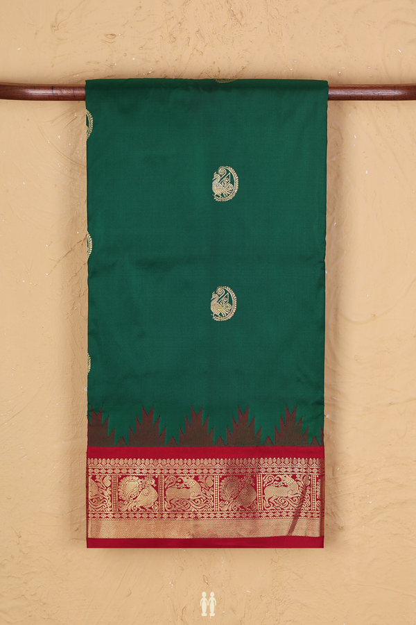 Kanchipuram Nine Yards Silk Saree In Green With Peacock Buttas
