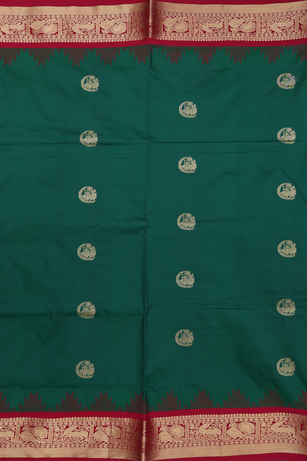 Kanchipuram Nine Yards Silk Saree In Green With Peacock Buttas