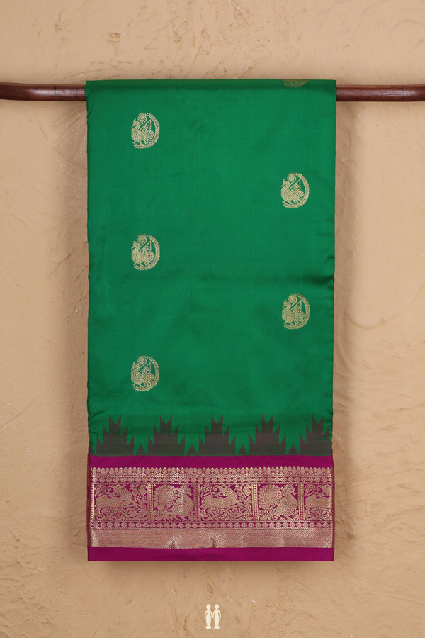 Nine Yards Silk Saree In Emerald Green With Peacock Buttas