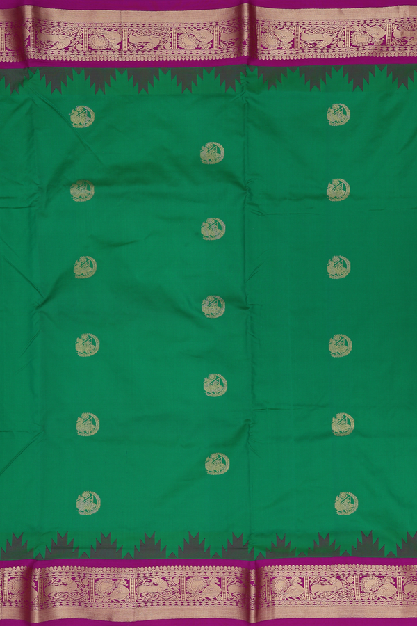 Nine Yards Silk Saree In Emerald Green With Peacock Buttas
