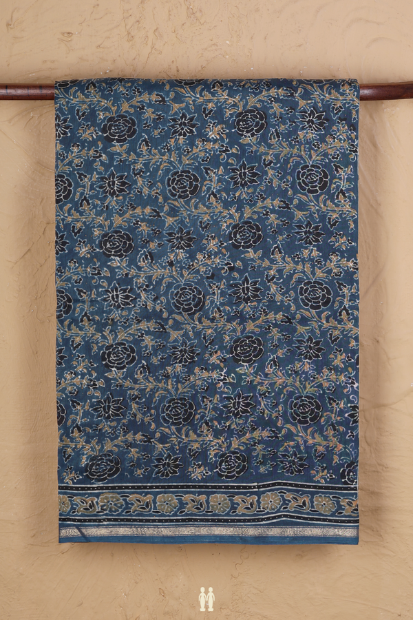Chanderi Silk Cotton Saree In Prussian Blue With Floral Design