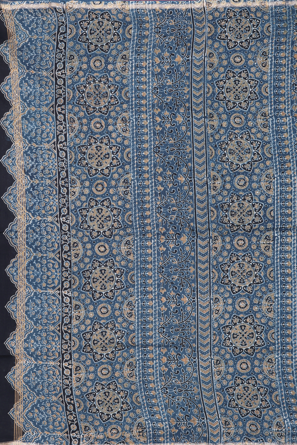 Chanderi Silk Cotton Saree In Prussian Blue With Floral Design