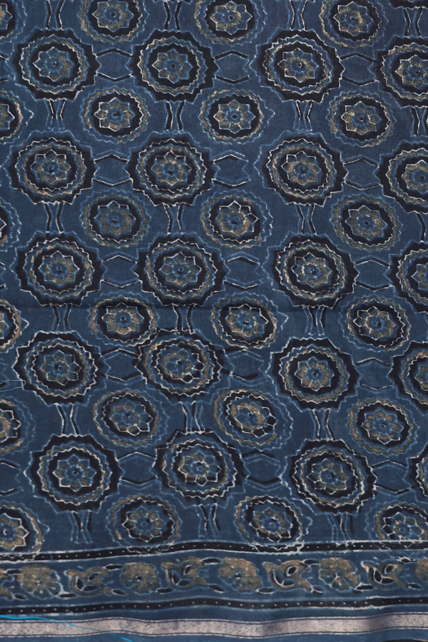 Chanderi Silk Cotton Saree In Prussian Blue With Floral Design