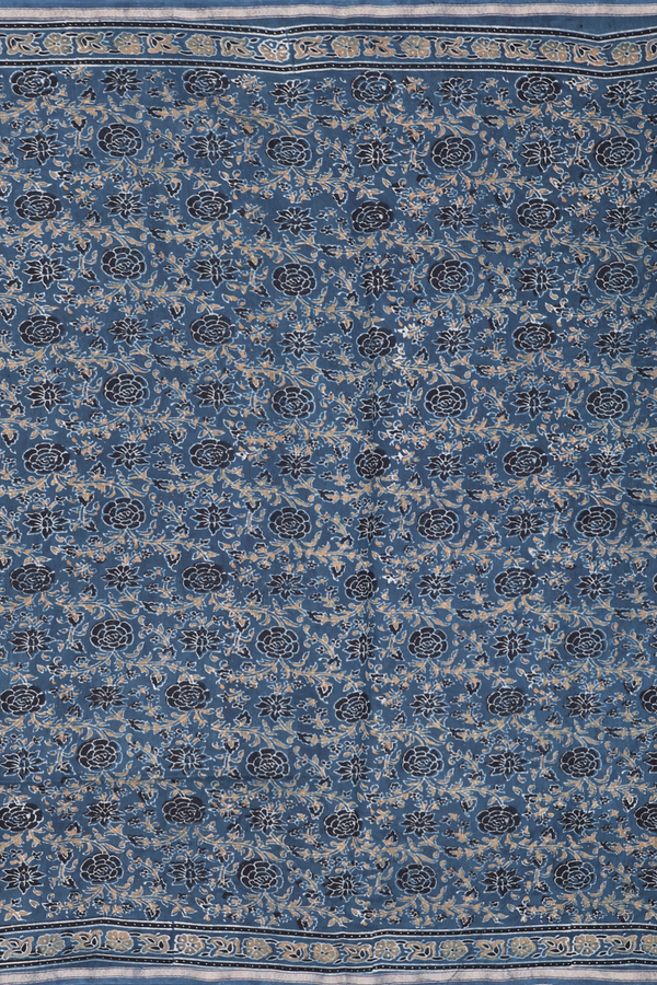 Chanderi Silk Cotton Saree In Prussian Blue With Floral Design
