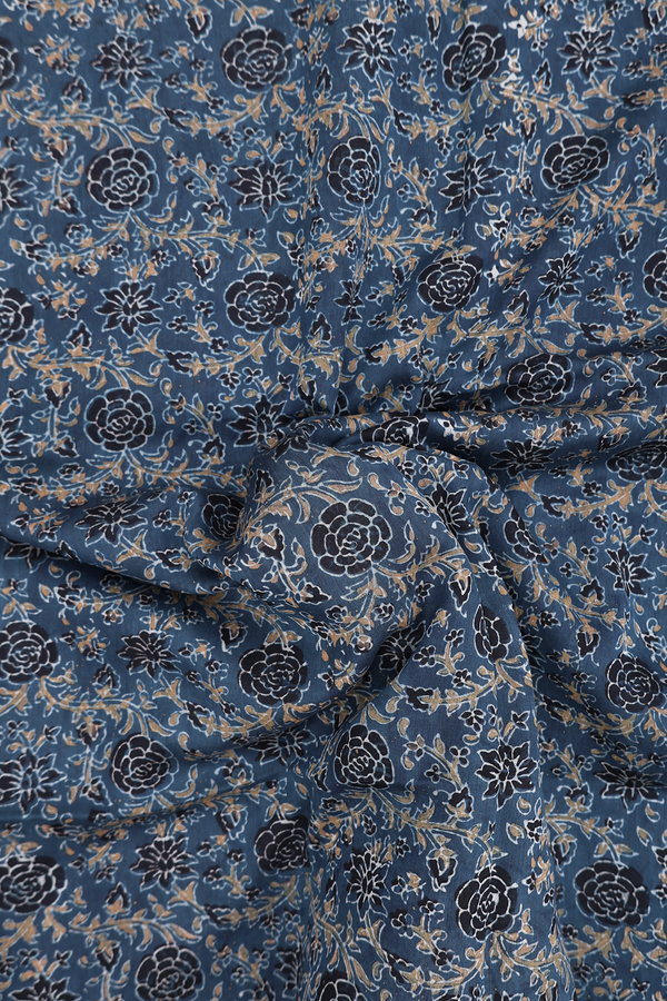 Chanderi Silk Cotton Saree In Prussian Blue With Floral Design
