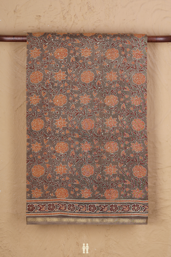 Chanderi Silk Cotton Saree In Brown With Floral Design