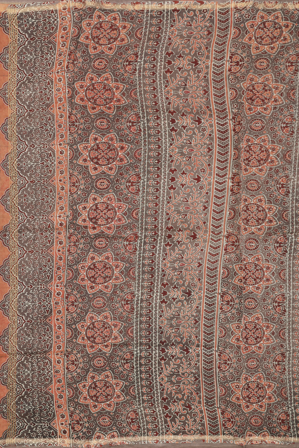 Chanderi Silk Cotton Saree In Brown With Floral Design