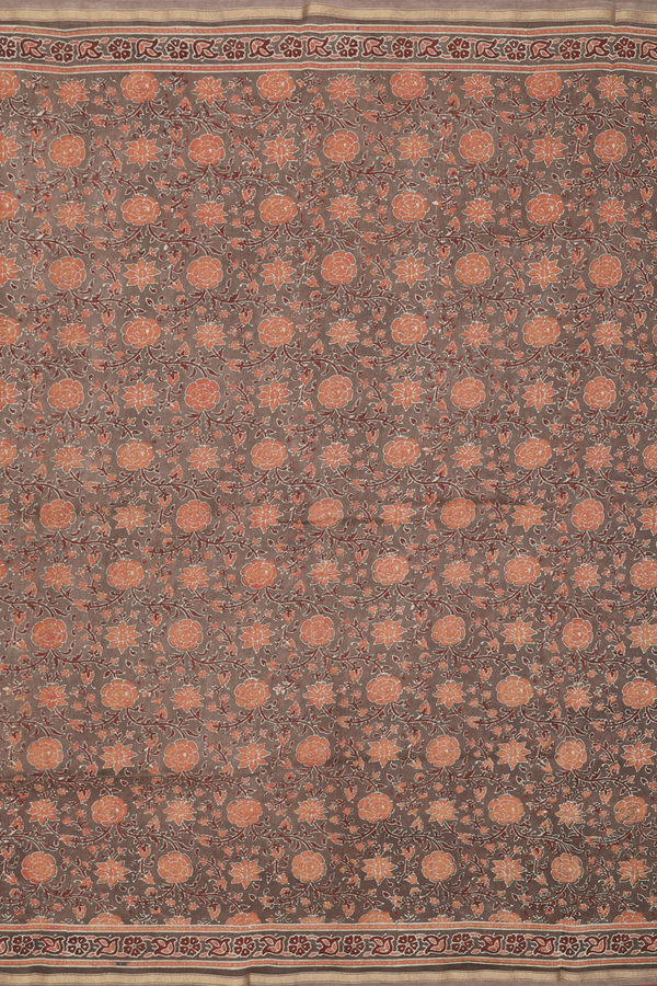 Chanderi Silk Cotton Saree In Brown With Floral Design