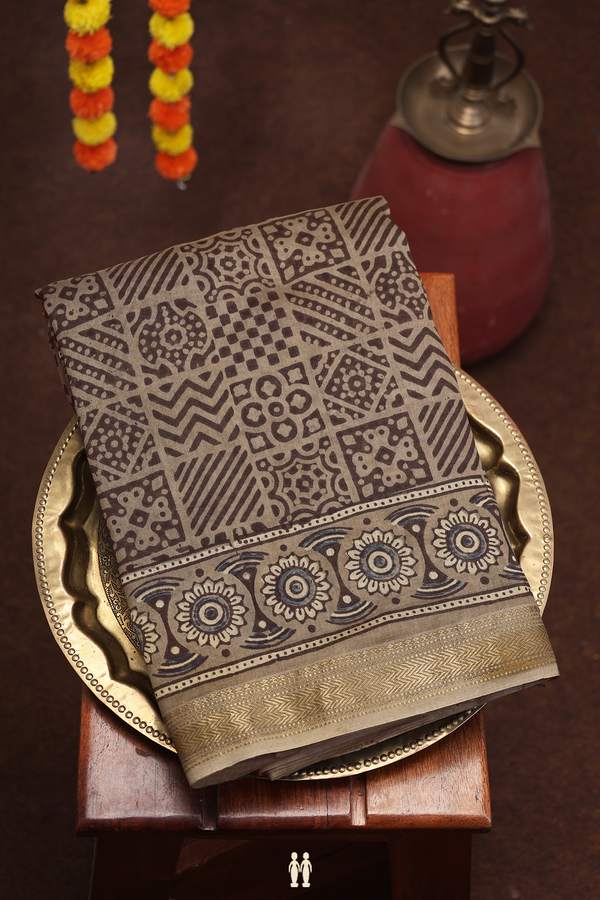 Ajrakh Cotton Saree In Brown With Printed Design