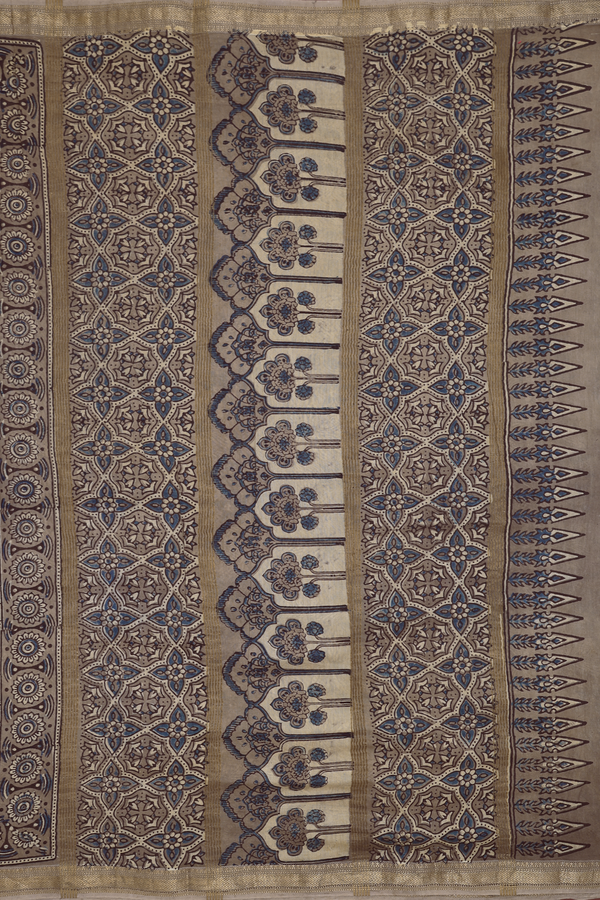 Ajrakh Cotton Saree In Brown With Printed Design