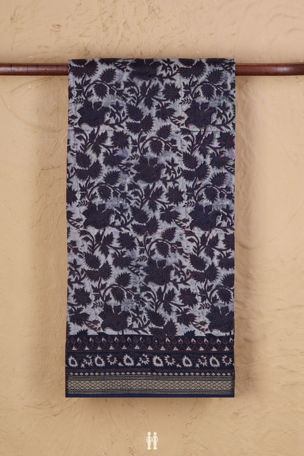 Chanderi Silk Cotton Saree In Blue With Floral Design