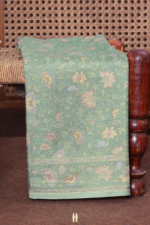 Printed Silk Saree In Dusty Green With Floral Design