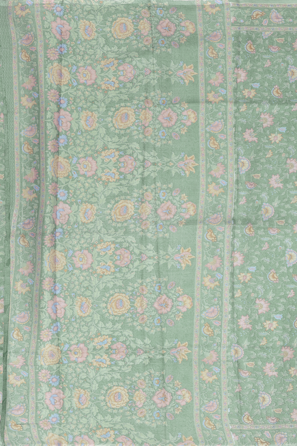 Printed Silk Saree In Dusty Green With Floral Design