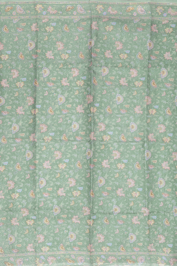 Printed Silk Saree In Dusty Green With Floral Design
