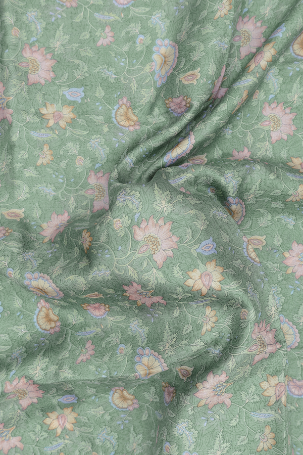 Printed Silk Saree In Dusty Green With Floral Design