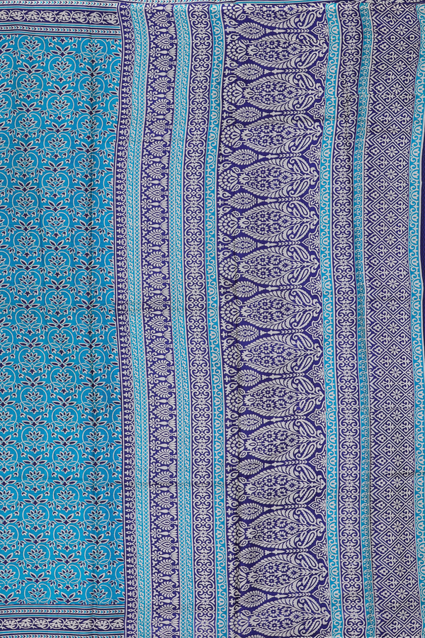 Printed Silk Saree In Teal Blue With Allover Design