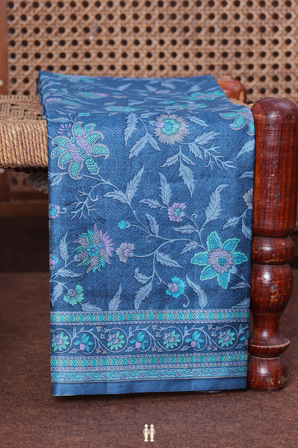 Printed Silk Saree In Cobalt Blue With Floral Design