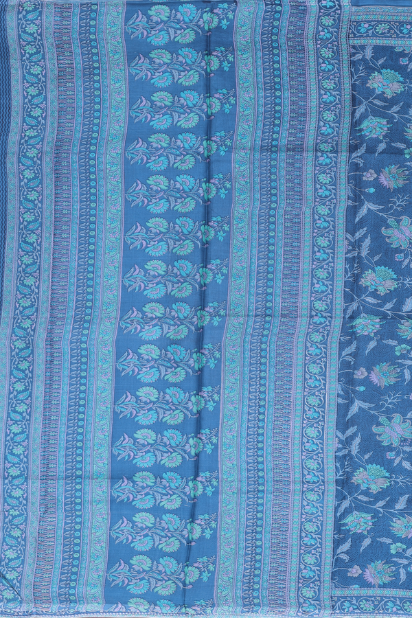 Printed Silk Saree In Cobalt Blue With Floral Design
