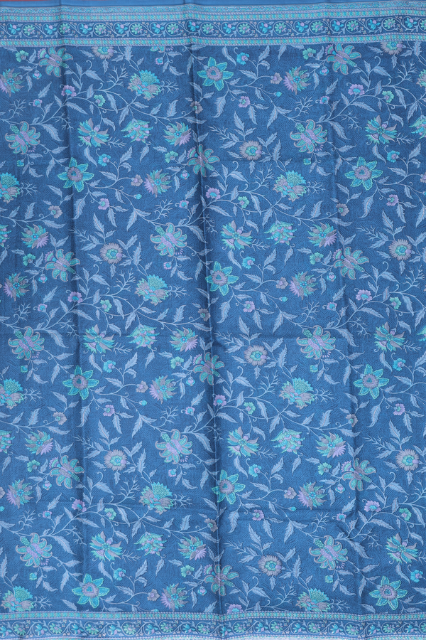 Printed Silk Saree In Cobalt Blue With Floral Design