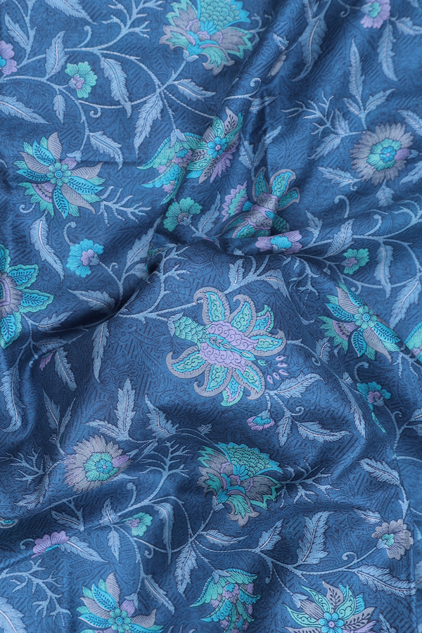 Printed Silk Saree In Cobalt Blue With Floral Design
