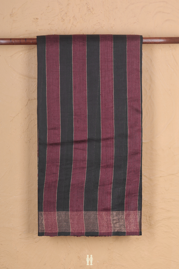Tussar Silk Saree In Black And Brown With Stripes Design