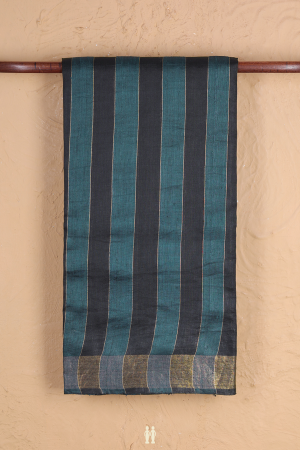 Tussar Silk Saree In Black And Green With Stripes Design