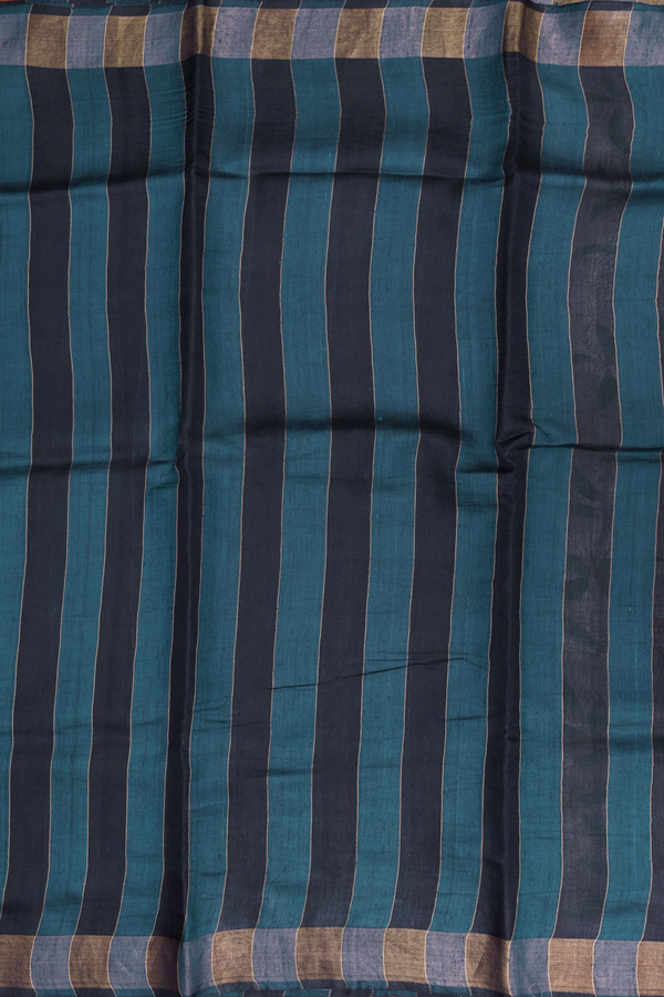 Tussar Silk Saree In Black And Green With Stripes Design