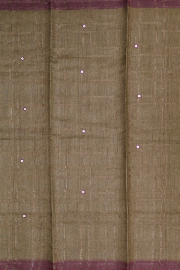 Tussar Silk Saree In Dark Olive Along Checks With Buttas