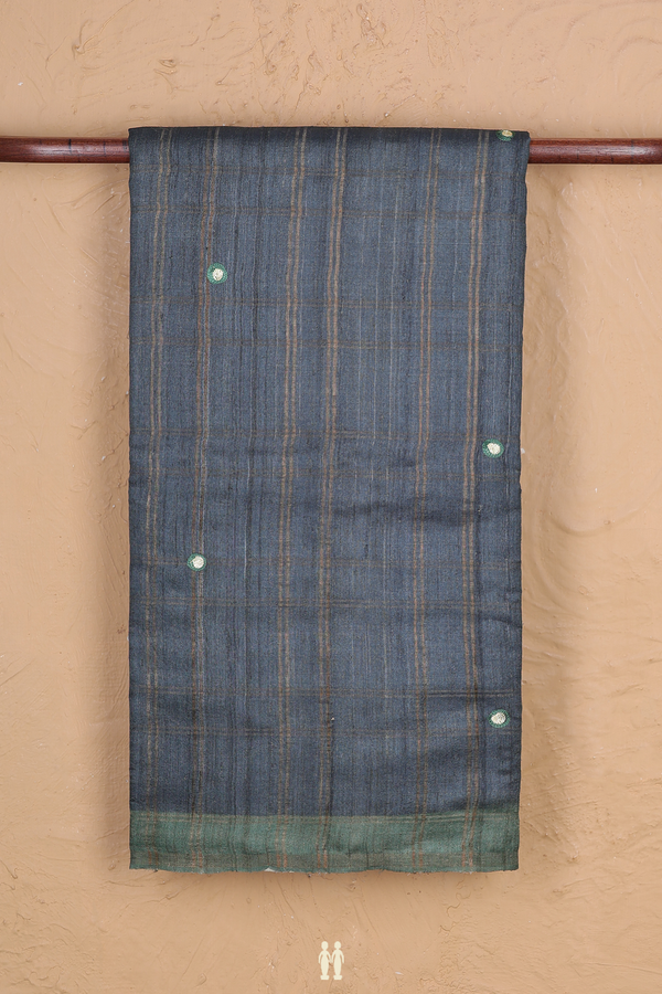 Tussar Silk Saree In Charcoal Grey With Checks Design