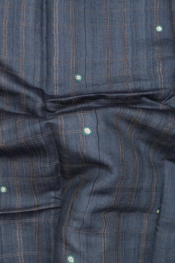 Tussar Silk Saree In Charcoal Grey With Checks Design